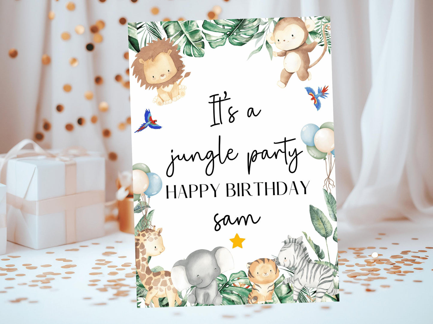 Its a Jungle Happy Birthday Party Card/ Safari Theme Birthday Greetings Cards/ Childrens Birthday Party/ Jungle Animals/ King of the Jungle