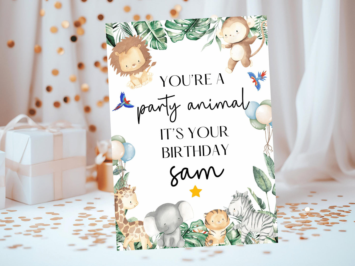 Youre a Party Animal Happy Birthday Card/ Safari Theme Birthday Greeting Cards/ Childrens Birthday Party/ King of the Jungle Animals