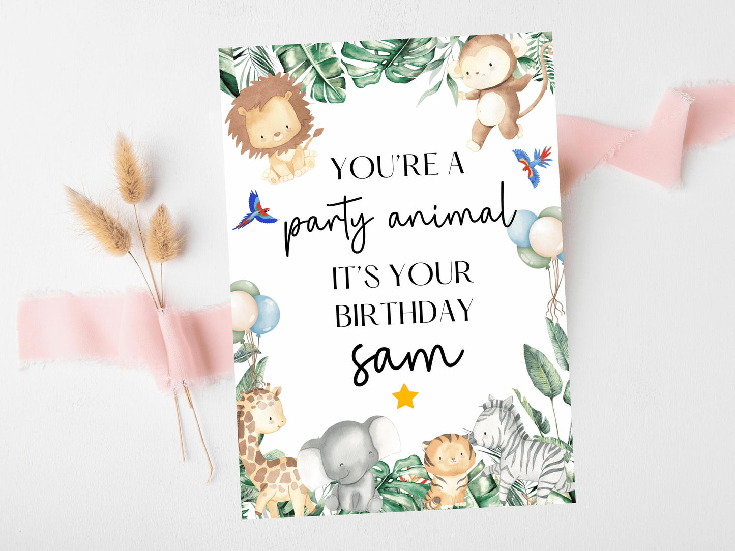 Youre a Party Animal Happy Birthday Card/ Safari Theme Birthday Greeting Cards/ Childrens Birthday Party/ King of the Jungle Animals