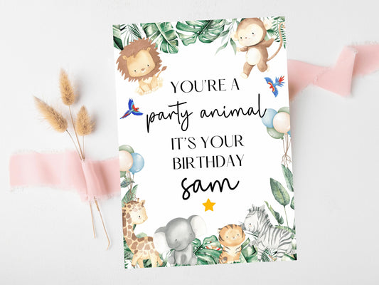 Youre a Party Animal Happy Birthday Card/ Safari Theme Birthday Greeting Cards/ Childrens Birthday Party/ King of the Jungle Animals