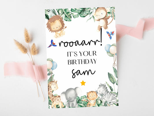 Rooaarr it's Your Birthday Card/ Safari Theme Happy Birthday Party Greeting Cards/ Childrens Birthday Party/ King of the Jungle Animals