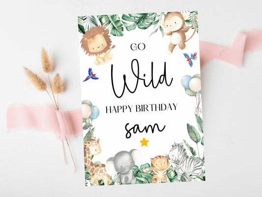 Go Wild Happy Birthday Card/ Safari Theme Birthday Greetings Cards/ Childrens Birthday Party/ Jungle Animals/ King of the Jungle Card