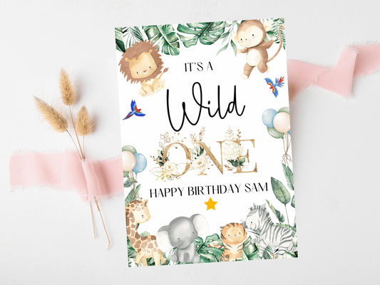 Wild One Happy Birthday Card/ Safari Theme Birthday Greetings Cards/ Childrens Birthday Party/ Jungle Animals/ King of the Jungle Card