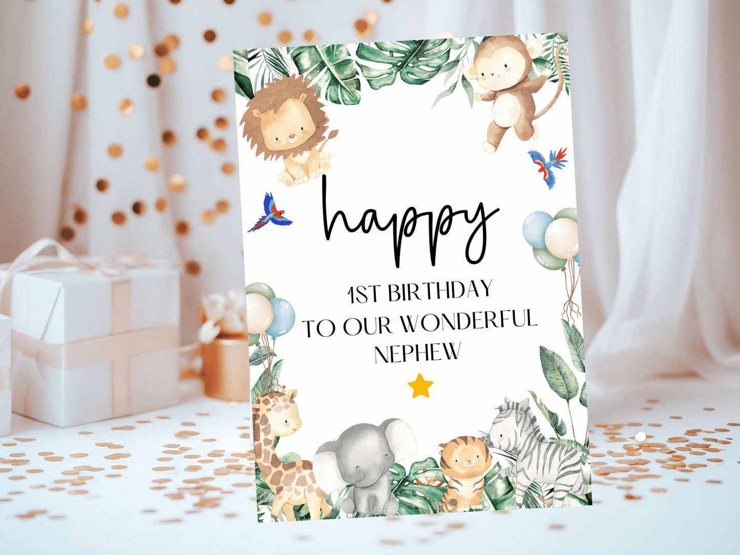 To Our Wonderful Nephew Happy 1st Birthday Card/ Safari Theme Birthday Greetings Cards/ Childrens Birthday Party/ King of the Jungle Card