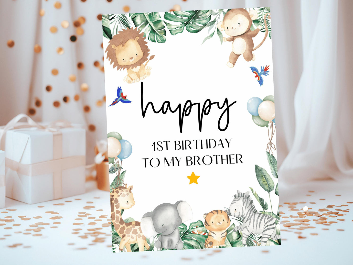 To My Brother Happy 1st Birthday Card/ Safari Theme Birthday Greetings Cards/ Childrens Birthday Party/ King of the Jungle Card