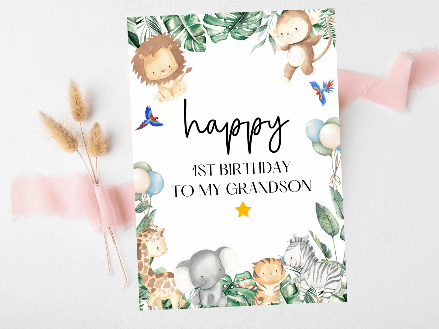 To My Grandson Happy 1st Birthday Card/ Safari Theme Birthday Greetings Cards/ Childrens Birthday Party/ King of the Jungle Card