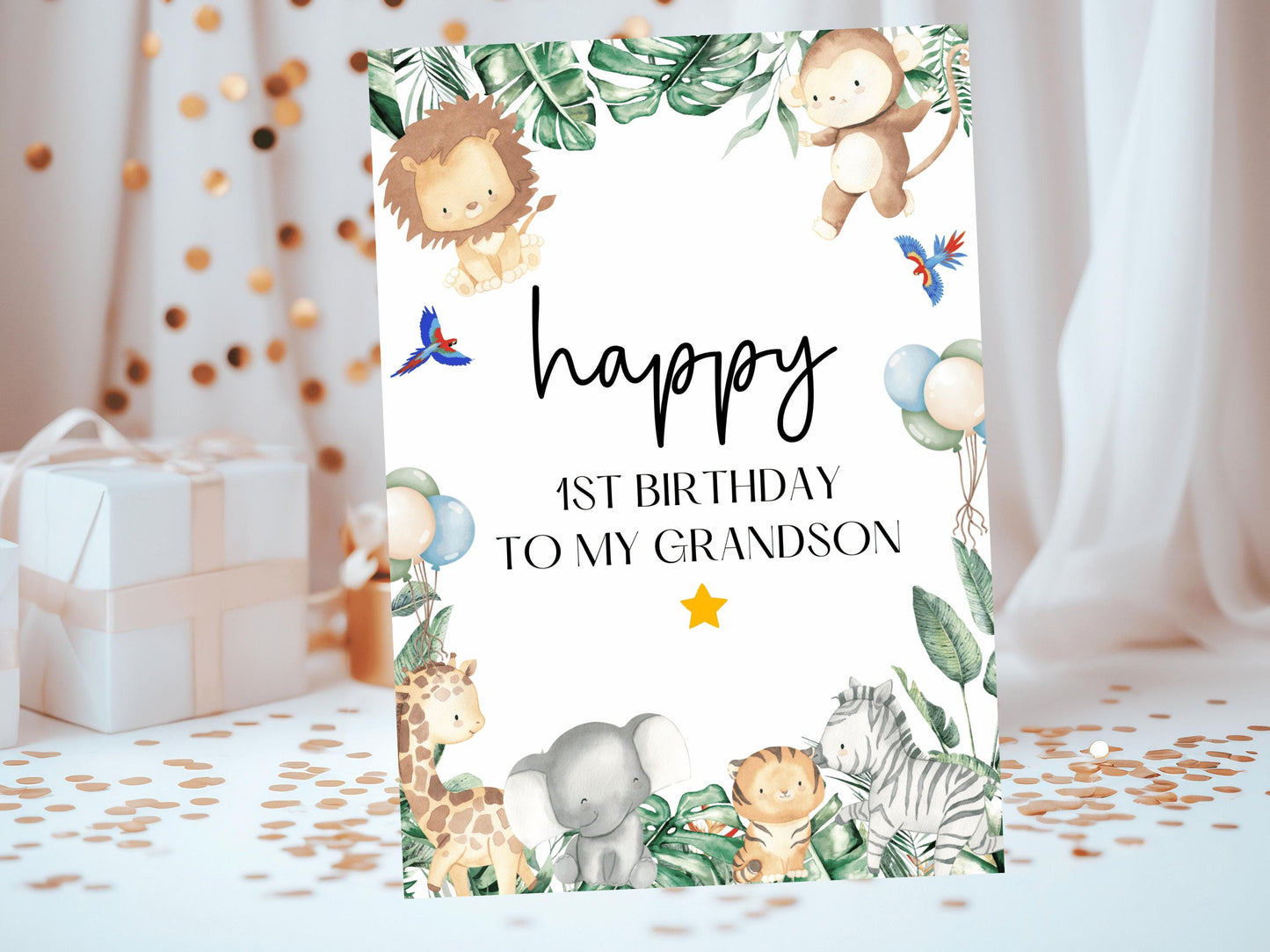 To My Grandson Happy 1st Birthday Card/ Safari Theme Birthday Greetings Cards/ Childrens Birthday Party/ King of the Jungle Card