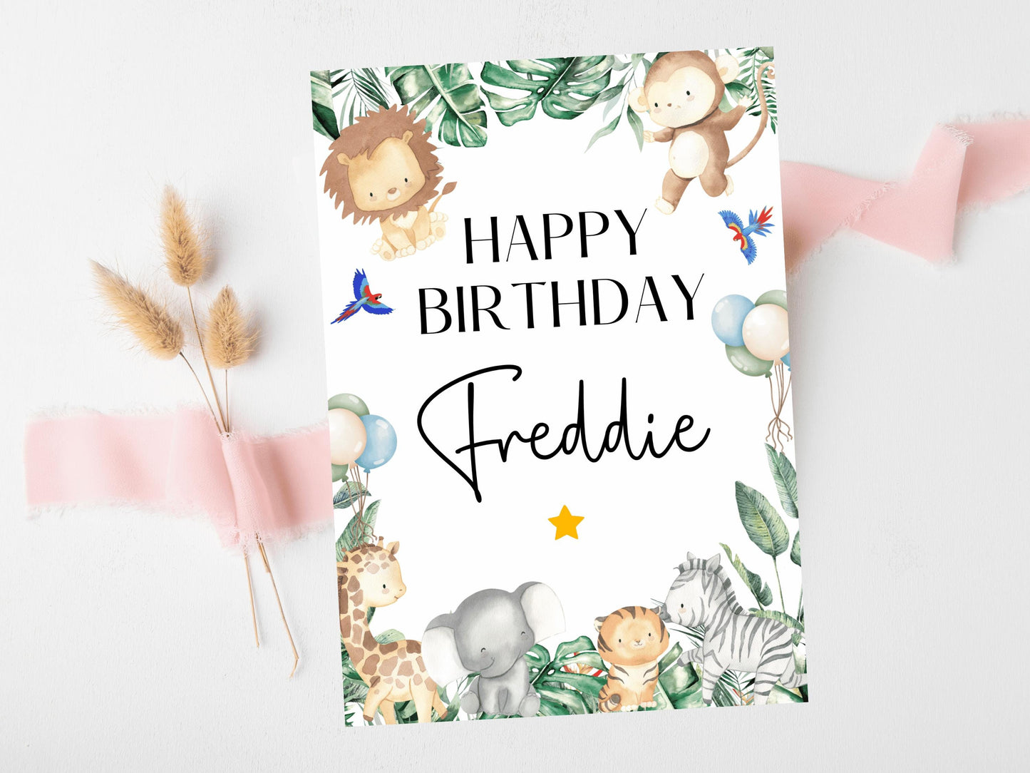 Happy Birthday Card/ Safari Theme Birthday Greetings Cards/ Childrens Birthday Party/ Jungle Animals/ King of the Jungle Card