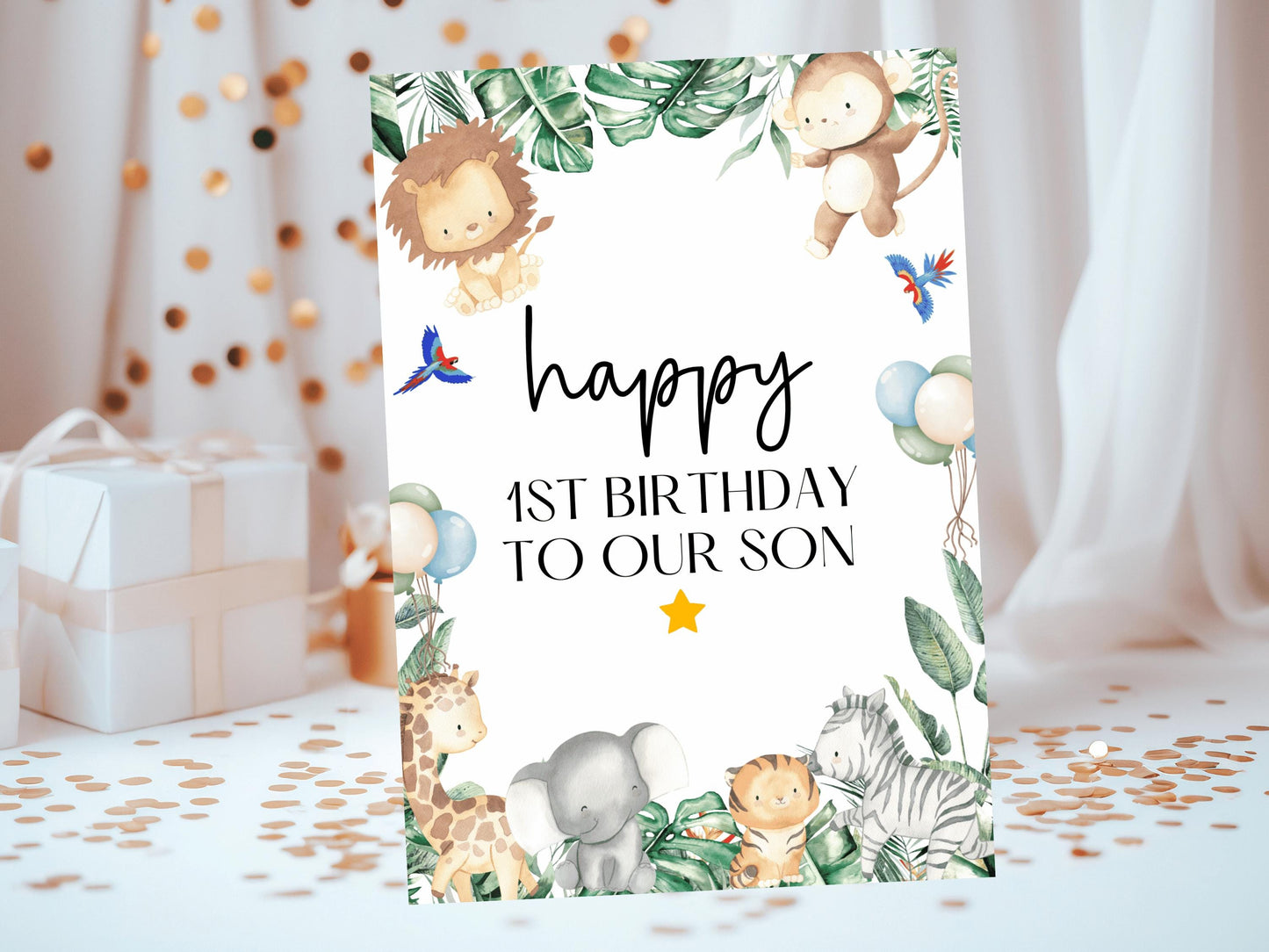 Happy 1st Birthday to Our Son Card/ Safari Theme Birthday Greetings Cards/ Childrens Birthday Party/ King of the Jungle Card