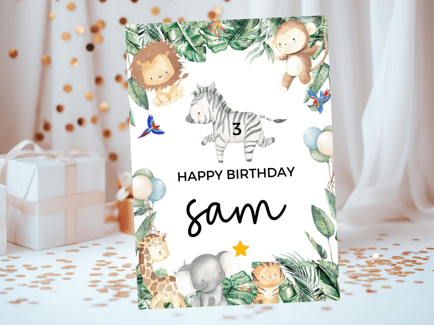 Zebra Happy Birthday Card/ Safari Theme Birthday Greetings Cards/ Childrens Birthday Party/ Jungle Animals Lion/ King of the Jungle Card