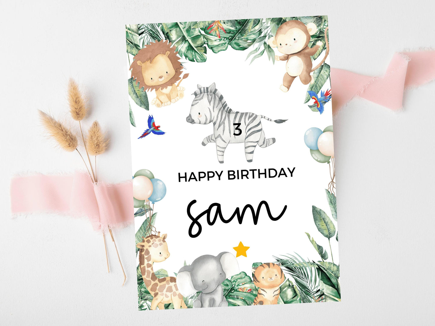 Zebra Happy Birthday Card/ Safari Theme Birthday Greetings Cards/ Childrens Birthday Party/ Jungle Animals Lion/ King of the Jungle Card