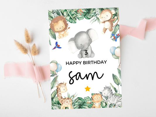 Elephant Happy Birthday Card/ Safari Theme Birthday Greetings Cards/ Childrens Birthday Party/ Jungle Animals Lion/ King of the Jungle Card