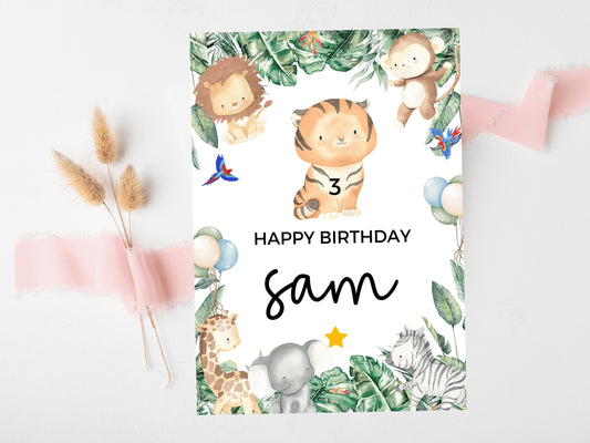 Tiger Happy Birthday Card/ Safari Theme Birthday Greetings Cards/ Childrens Birthday Party/ Jungle Animals Lion/ King of the Jungle Card