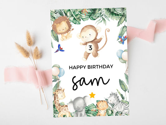 Monkey Happy Birthday Card/ Safari Theme Birthday Greetings Cards/ Childrens Birthday Party/ Jungle Animals Lion/ King of the Jungle Card