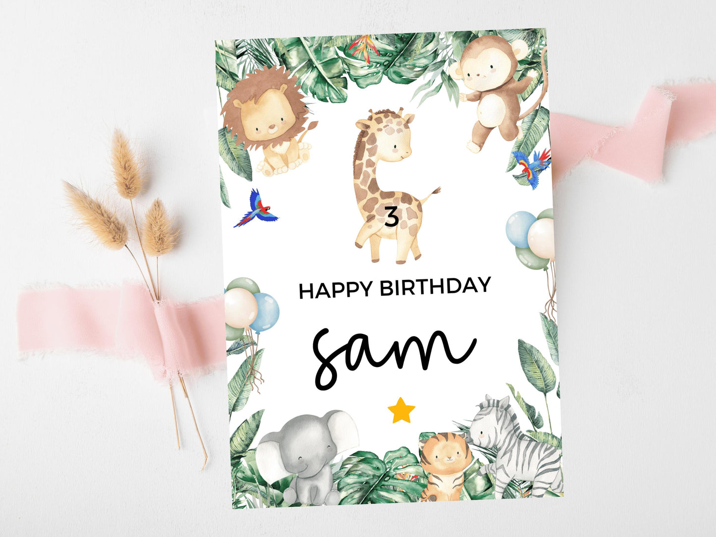 Giraffe Happy Birthday Card/ Safari Theme Birthday Greetings Cards/ Childrens Birthday Party/ Jungle Animals Lion/ King of the Jungle Card