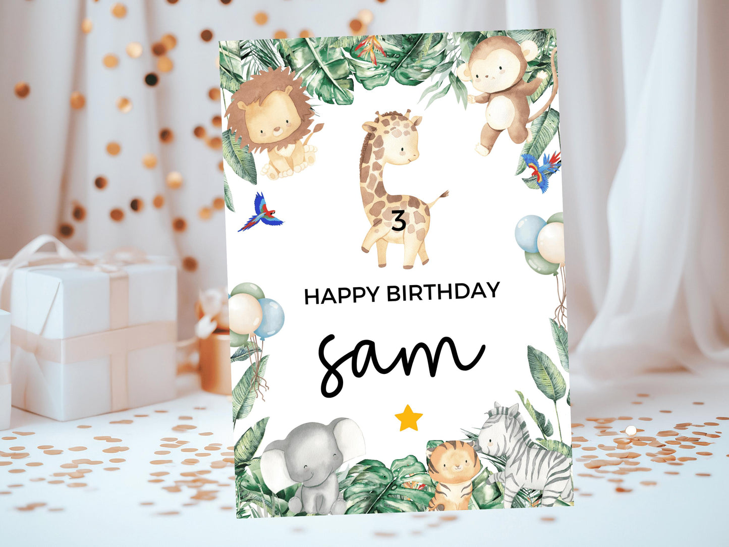 Giraffe Happy Birthday Card/ Safari Theme Birthday Greetings Cards/ Childrens Birthday Party/ Jungle Animals Lion/ King of the Jungle Card