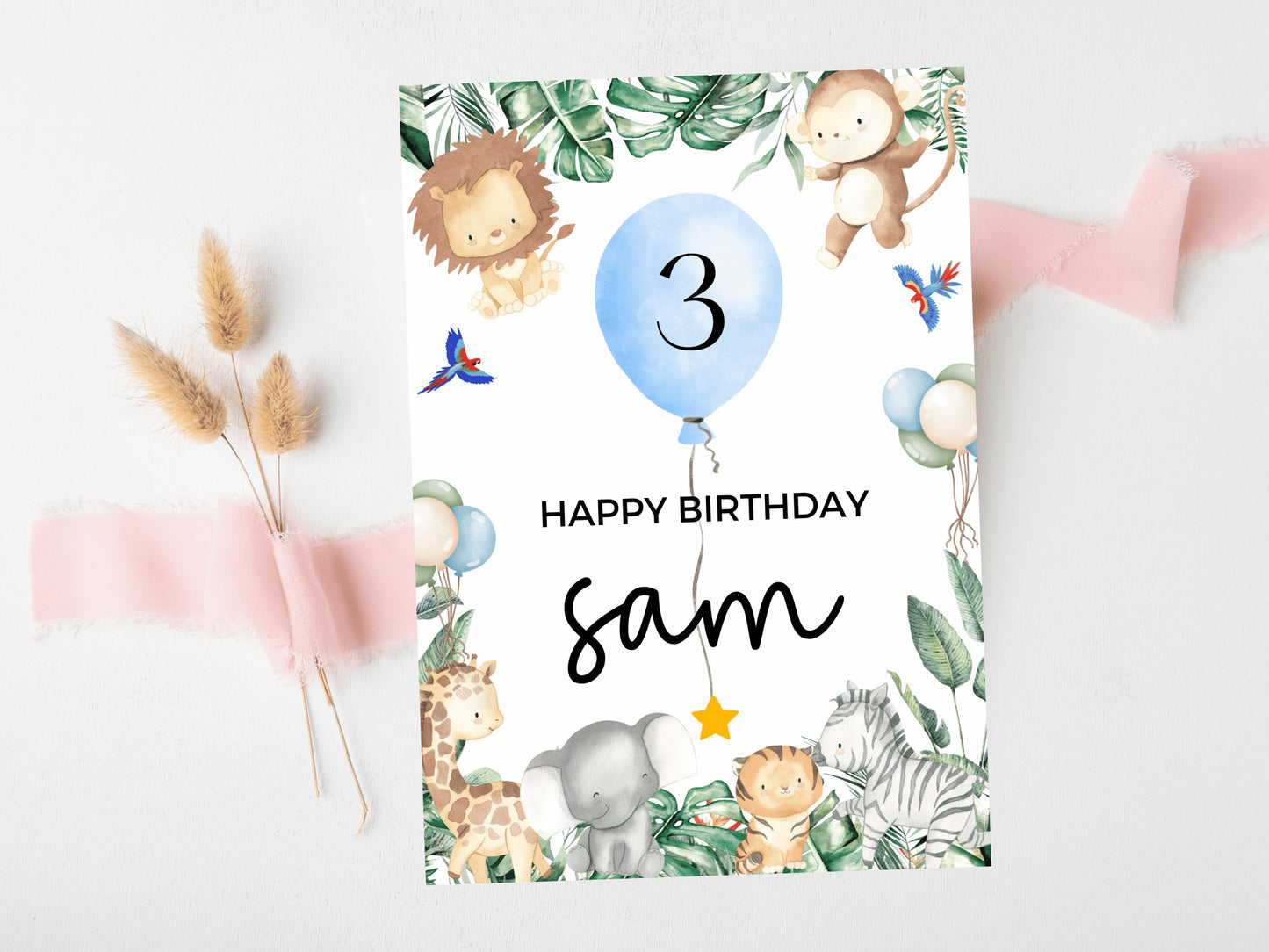 Happy Birthday Card/ Safari Theme Birthday Greetings Cards/ Childrens Birthday Party/ Jungle Animals Lion/ King of the Jungle Card