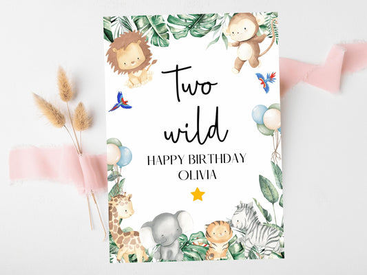 Two Wild 2nd Birthday Party Card/ Safari Theme Happy Birthday Greetings Cards/ Childrens Birthday Party/ King of the Jungle Card