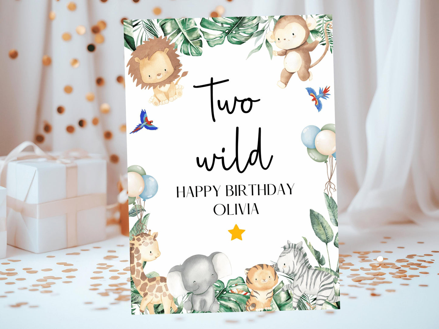 Two Wild 2nd Birthday Party Card/ Safari Theme Happy Birthday Greetings Cards/ Childrens Birthday Party/ King of the Jungle Card