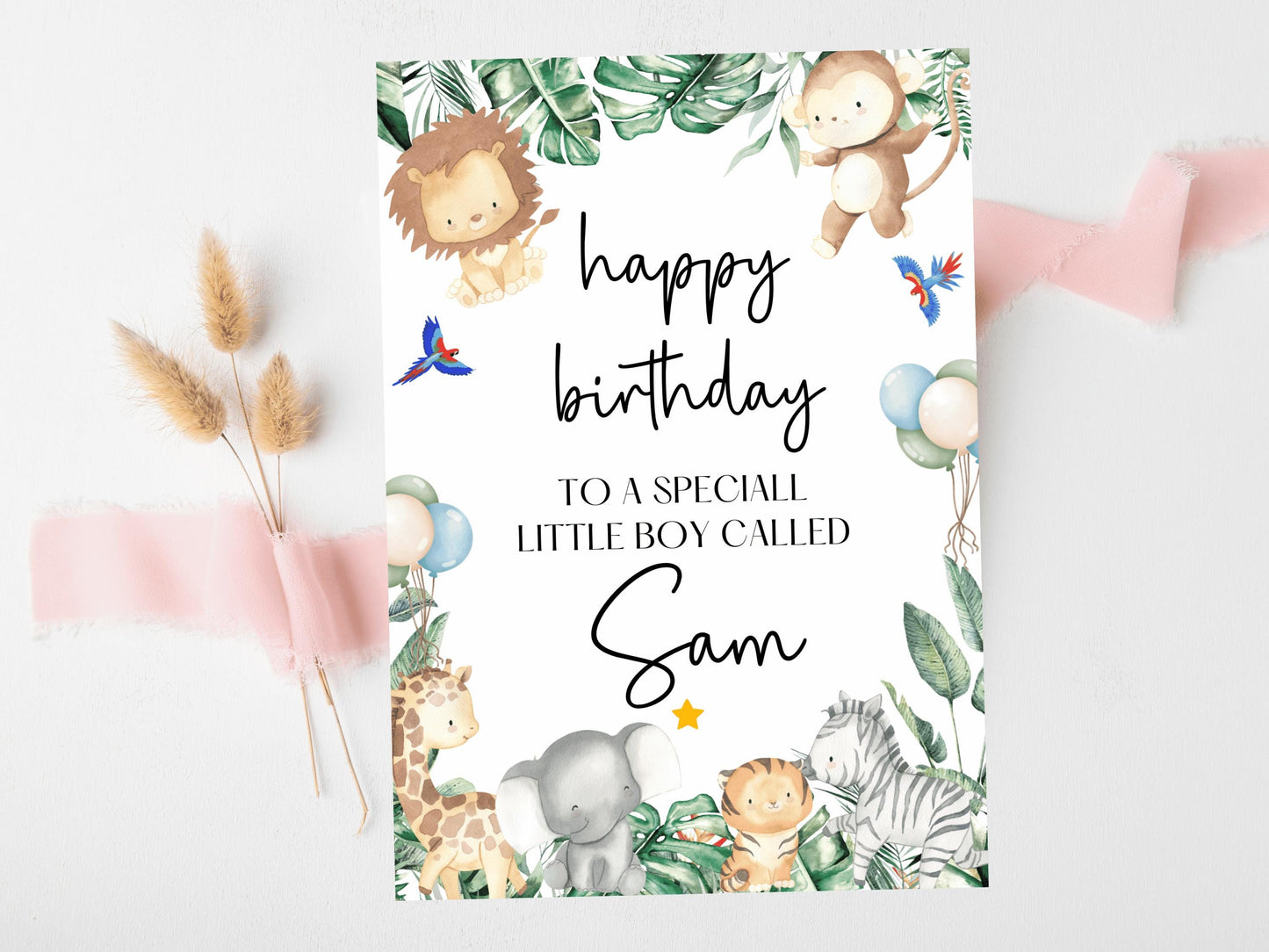 To a Special Little Boy Happy Birthday Card/ Safari Theme Birthday Greetings Cards/ Childrens Birthday Party/Animals King of the Jungle Card