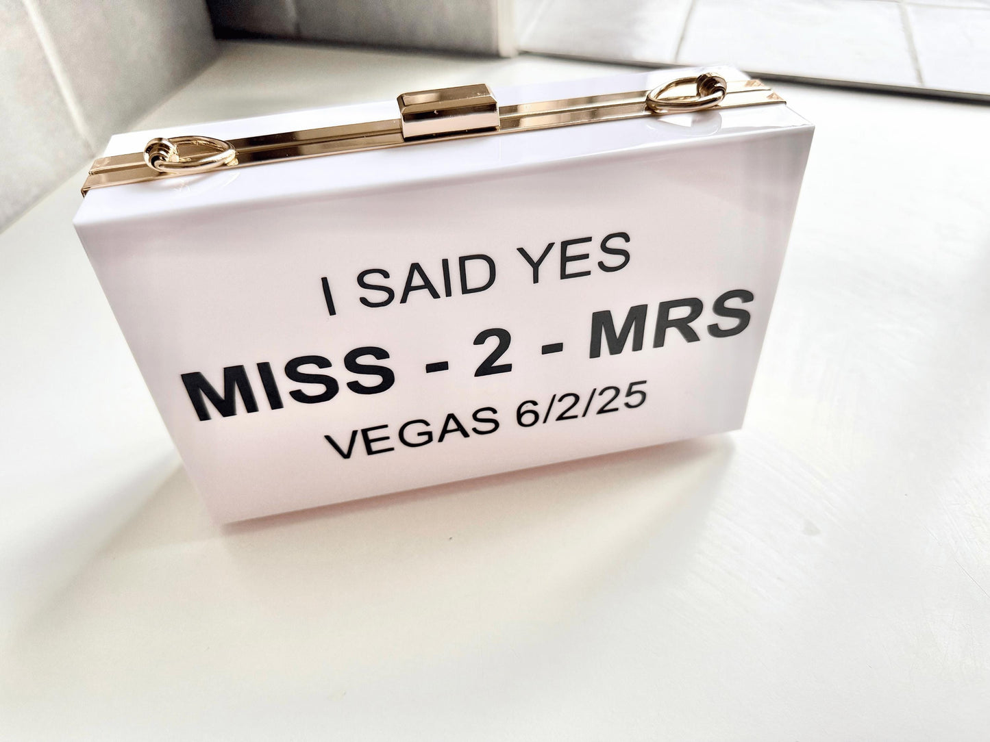 Personalised Miss to Mrs Acrylic Clutch Bag/ I Said Yes Mrs Purse/ Mrs to Be/ Bride to Be Hen Party Engagement Gift/ Bridal Shower