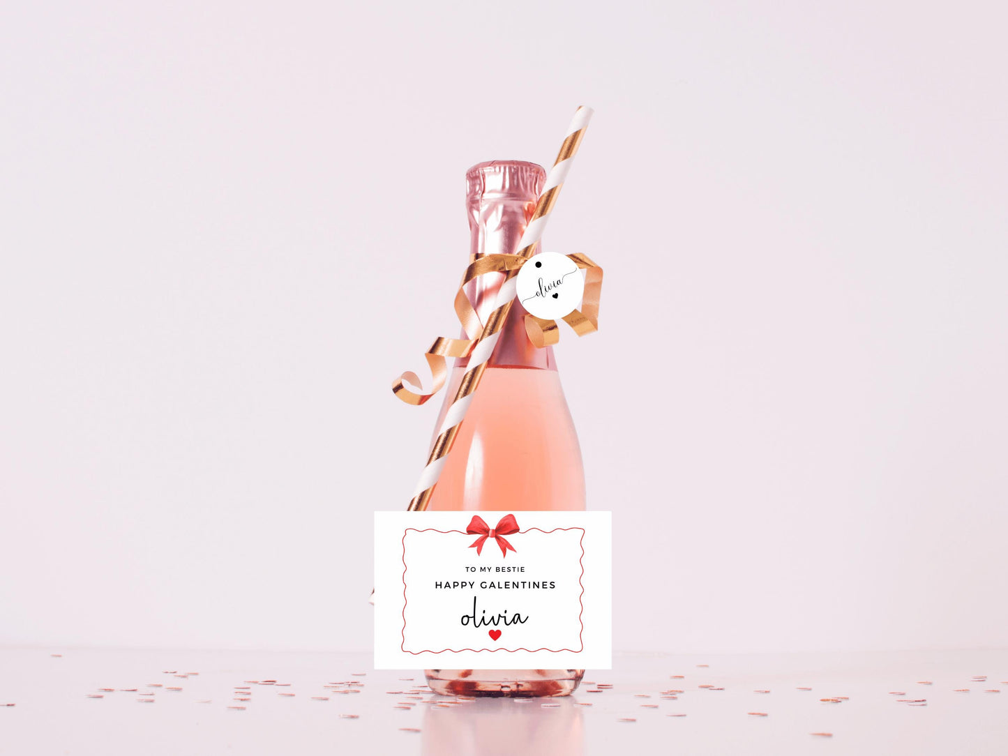 To My Bestie Happy Galentines Bottle Sticker/ Bestie Best Friend Mini Champagne/ Wine/ Prosecco Pink/ Red Heart Bow Label/ Galentines Gift