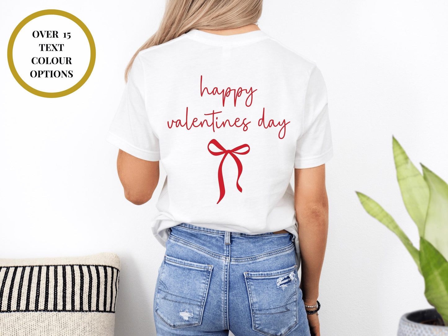 Custom Happy Valentines T-Shirt with Bow/ Cute Romantic Gift for Her/ Girlfriend/ Wife/ Cotton Classy Short Sleeve Crew Neck Valentines Day