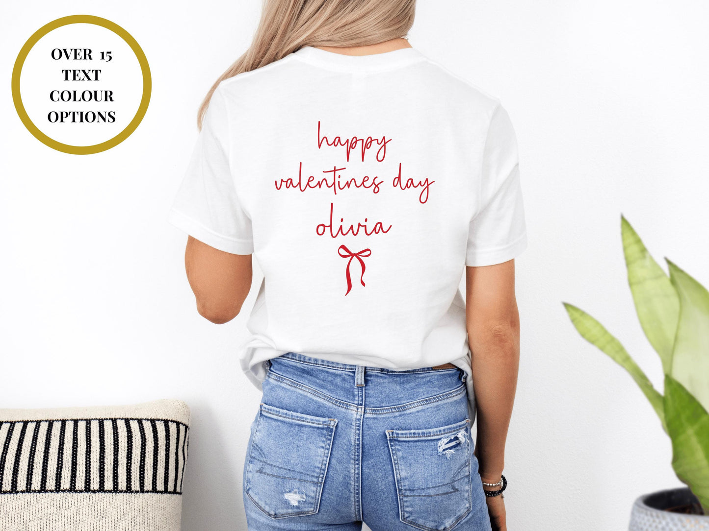 Personalised Happy Valentines T-Shirt with Bow/ Cute Romantic Gift for Her/ Girlfriend/ Wife/ Cotton Short Sleeve Crew Neck Valentines Day