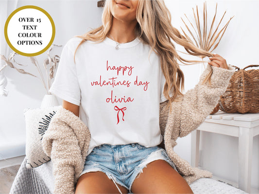 Personalised Happy Valentines T-Shirt with Bow/ Cute Romantic Gift for Her/ Girlfriend/ Wife/ Cotton Short Sleeve Crew Neck Valentines Day