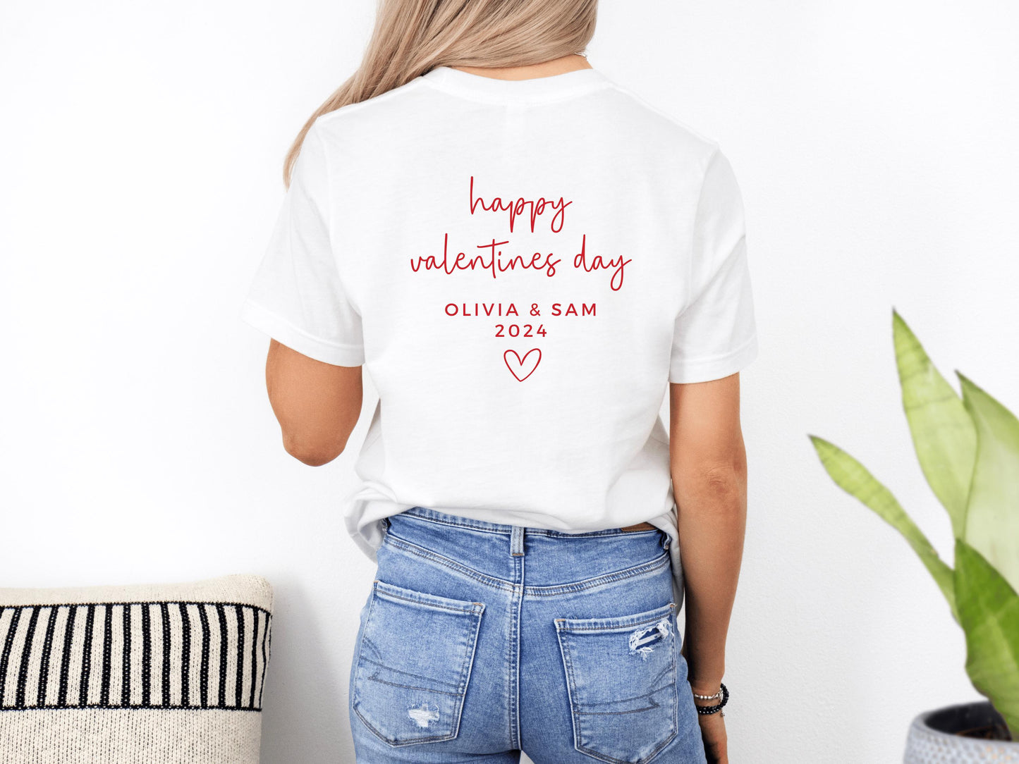 Personalised Couples Happy Valentines T-Shirt with Bow/ Cute Romantic Gift for Her/ Girlfriend/ Wife/ Short Sleeve Crew Neck Valentines Day