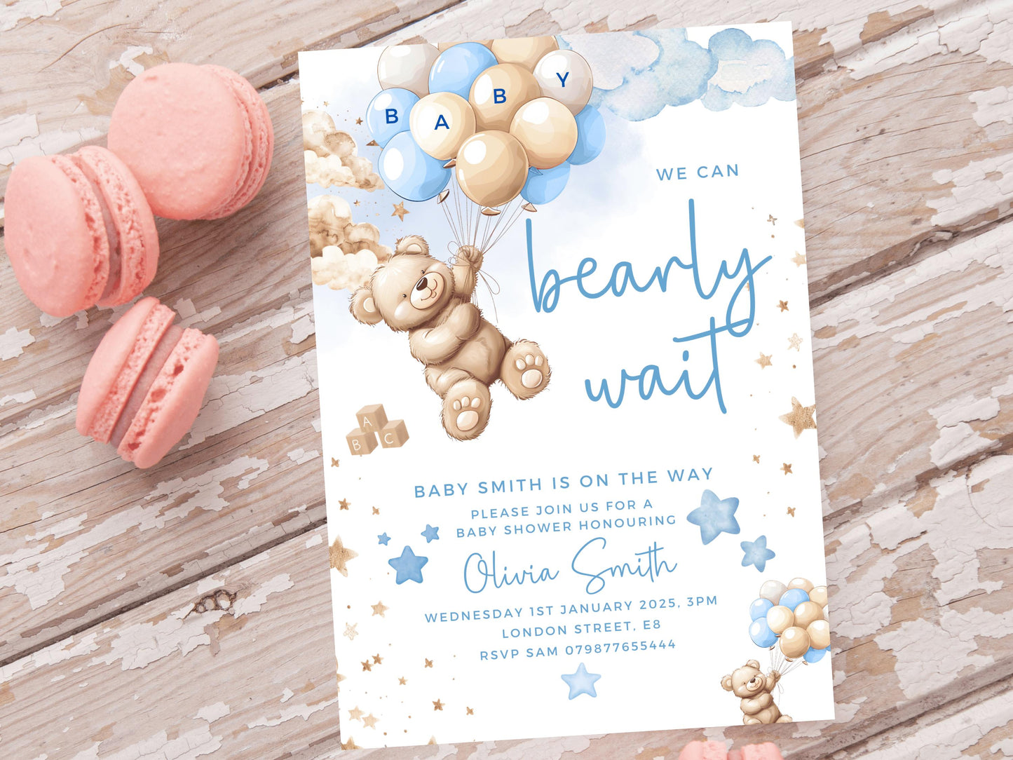 Personalised We Can Bearly Wait Baby Shower Invitation/ Blue Teddy Bear Gender Neutral/ Printed or Digital Mummy to Be/ Blue Balloons Theme