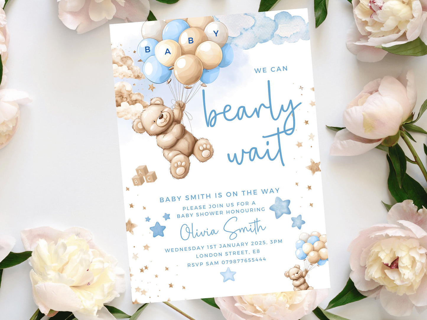 Personalised We Can Bearly Wait Baby Shower Invitation/ Blue Teddy Bear Gender Neutral/ Printed or Digital Mummy to Be/ Blue Balloons Theme