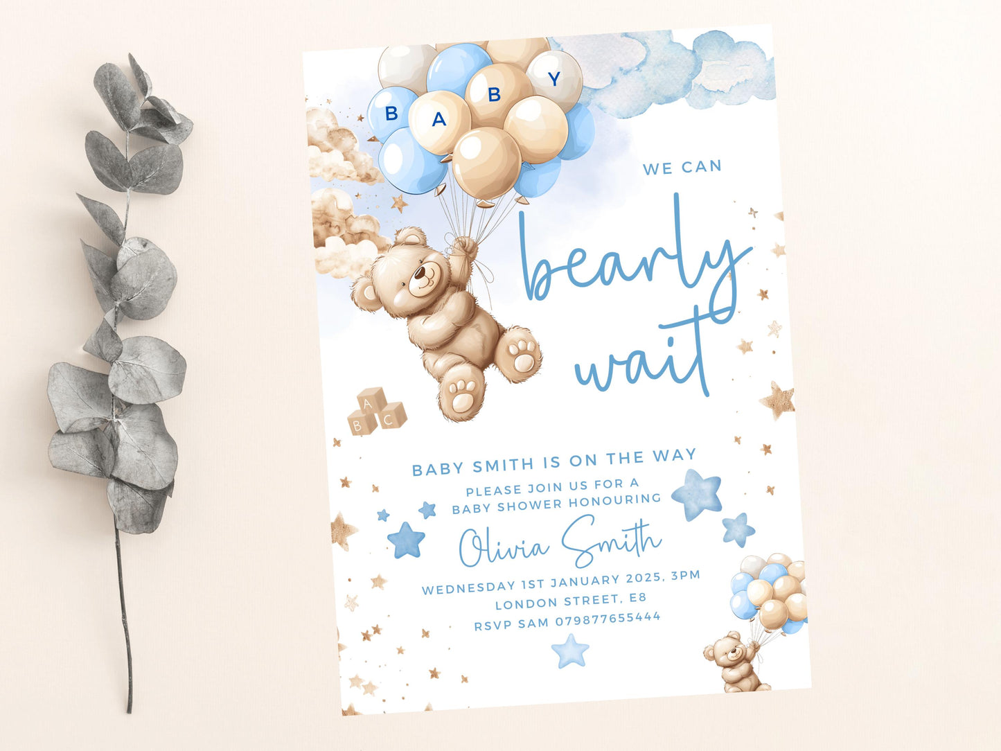 Personalised We Can Bearly Wait Baby Shower Invitation/ Blue Teddy Bear Gender Neutral/ Printed or Digital Mummy to Be/ Blue Balloons Theme