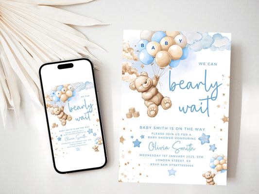 Personalised We Can Bearly Wait Baby Shower Invitation/ Blue Teddy Bear Gender Neutral/ Printed or Digital Mummy to Be/ Blue Balloons Theme