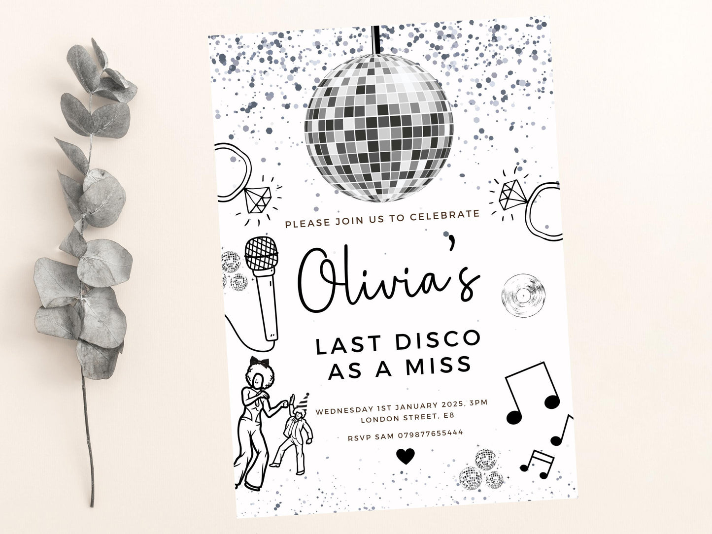 Personalised Last Disco As a Miss Hen Party Invitation/ Silver Disco Ball Bridal Shower/ Lets Party Bachelorette Party/ Printed or Digital