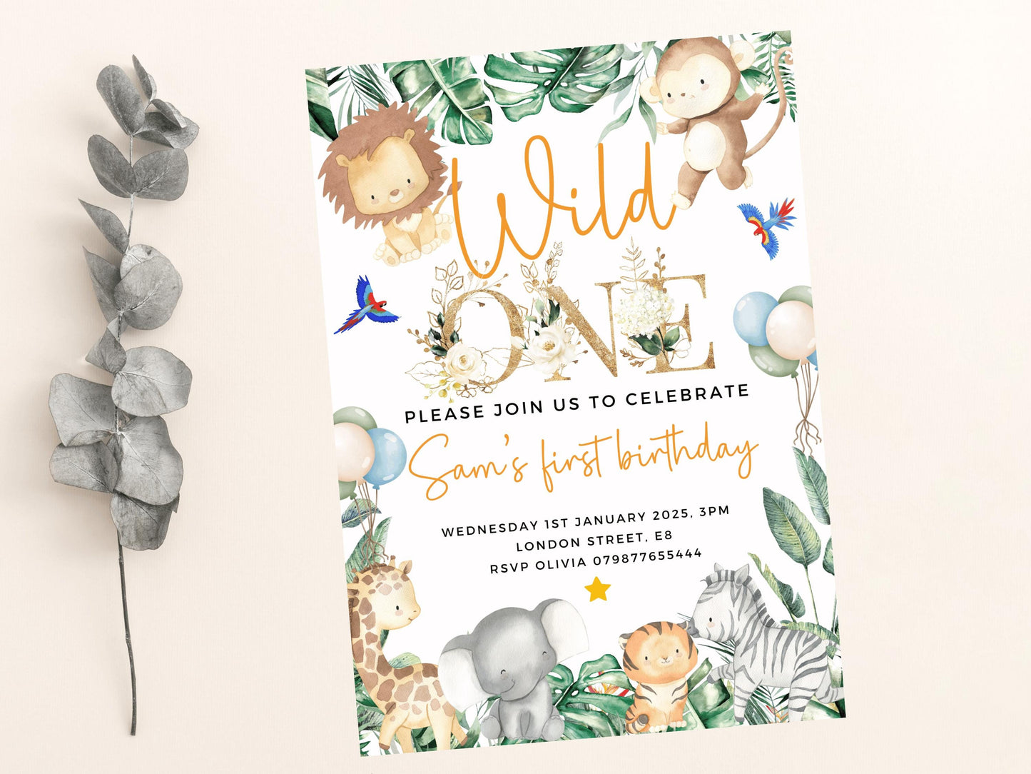 Personalised Wild One Safari Birthday Invitation/ Childrens First Birthday Party/ Jungle Animals Invite/ Giraffe Monkey Printed or Digital