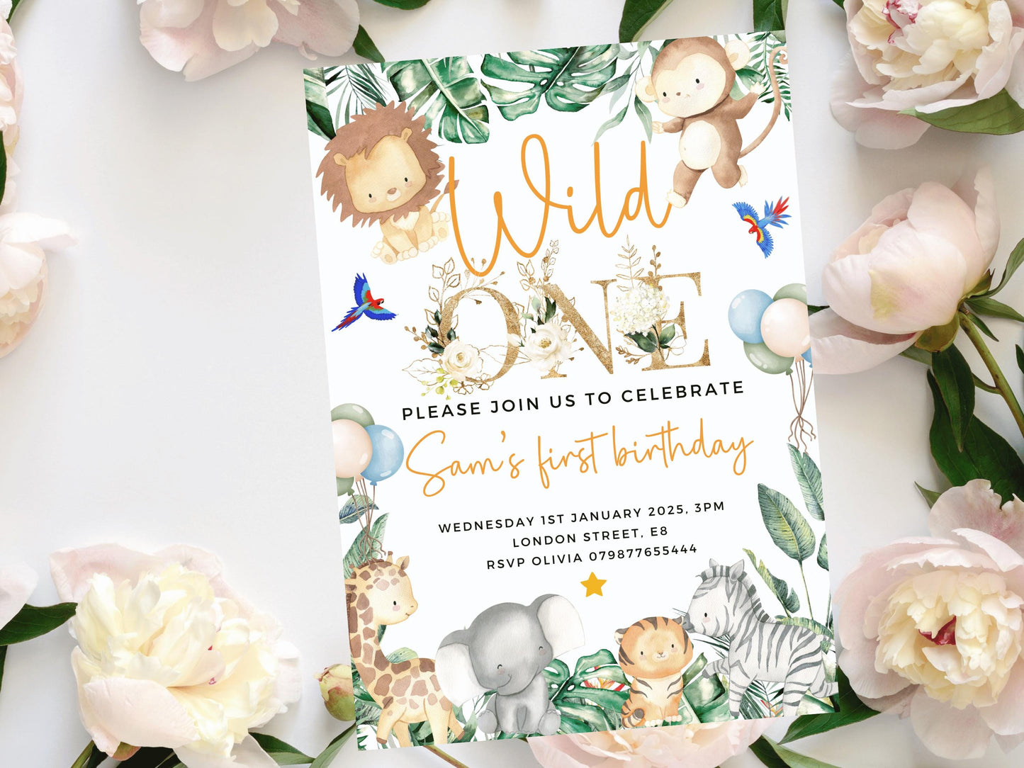 Personalised Wild One Safari Birthday Invitation/ Childrens First Birthday Party/ Jungle Animals Invite/ Giraffe Monkey Printed or Digital