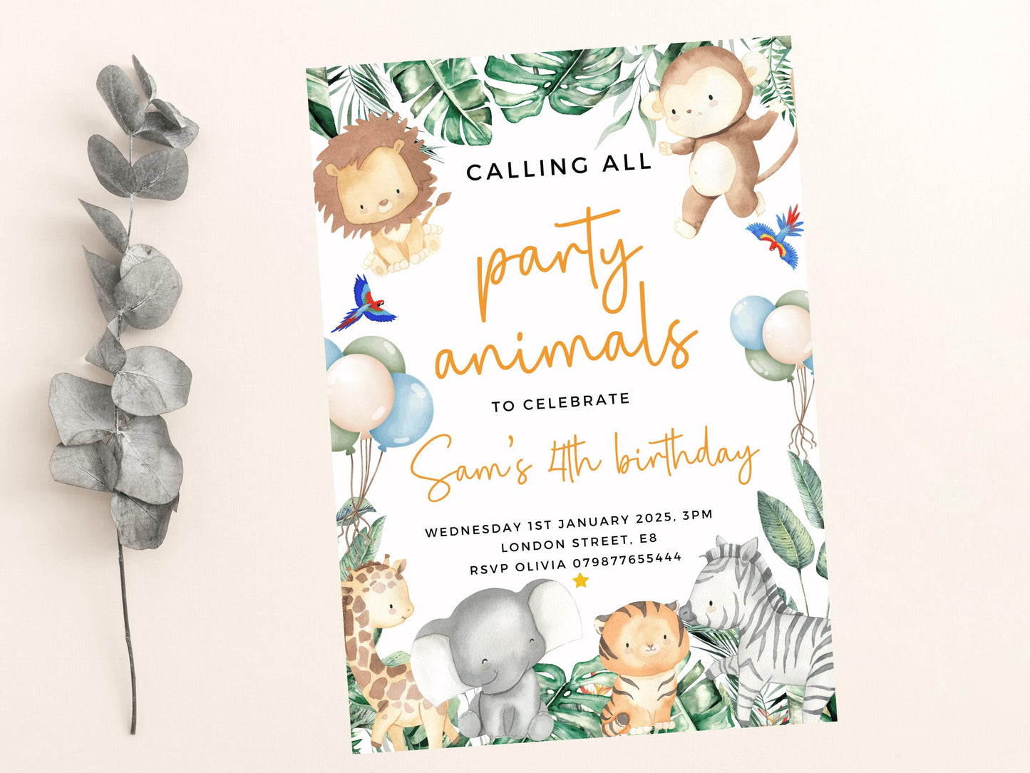 Personalised Calling All Party Animals Safari Birthday Party Invitation/ Childrens Birthday Party/ Jungle Animals Invite/Printed or Digital