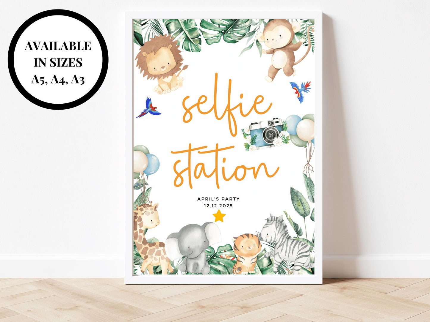 Personalised Selfie Station Safari Jungle Birthday Party Sign/ Greenery Fun Photography/ Printed Childrens Animals Photo Booth Poster