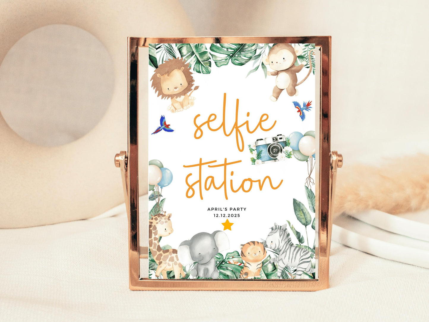 Personalised Selfie Station Safari Jungle Birthday Party Sign/ Greenery Fun Photography/ Printed Childrens Animals Photo Booth Poster