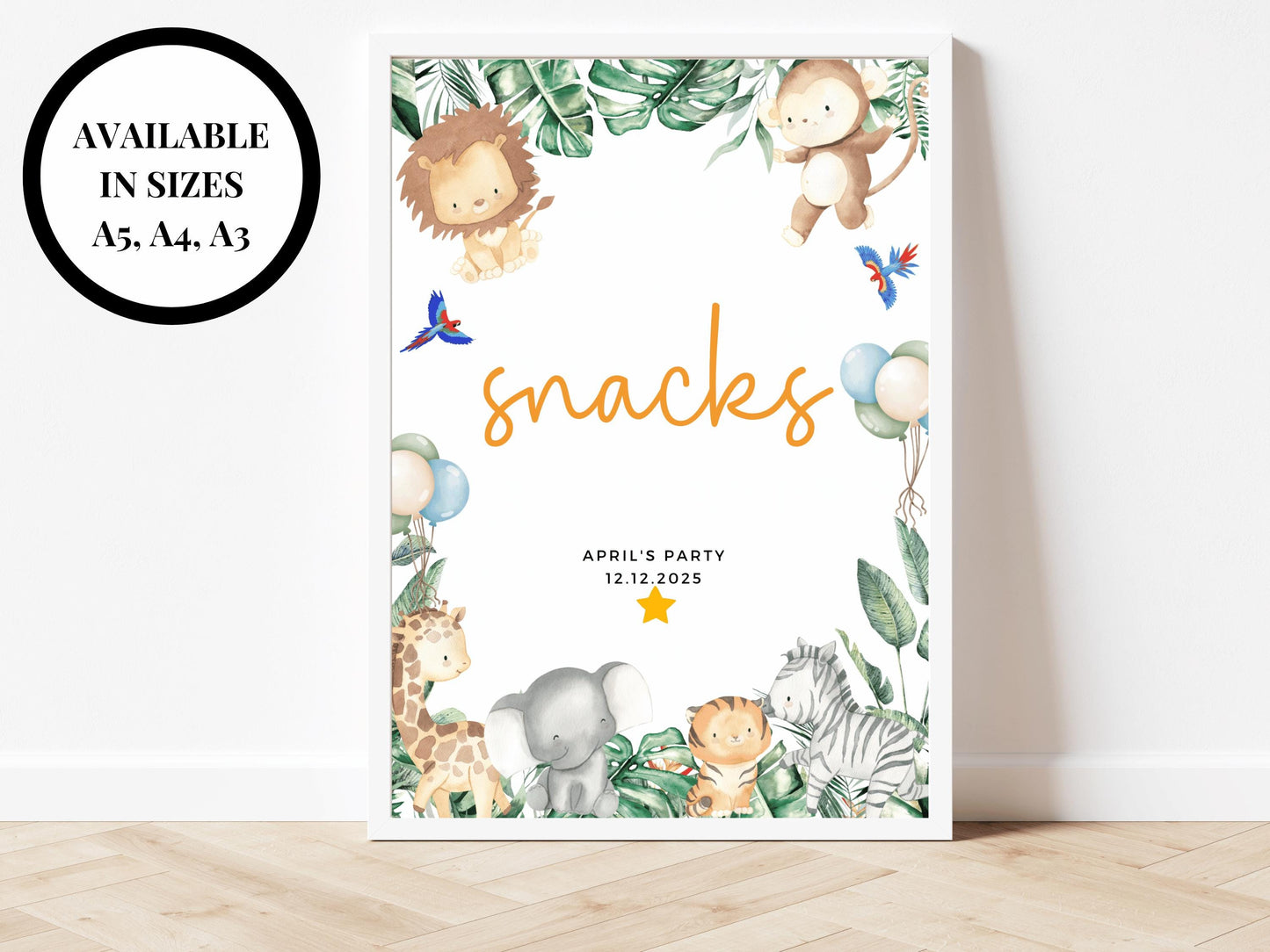 Personalised Snacks Safari Jungle Birthday Party Sign/ Greenery Fun Printed Childrens Animals Happy Birthday Party Food Snacks Sweets Poster