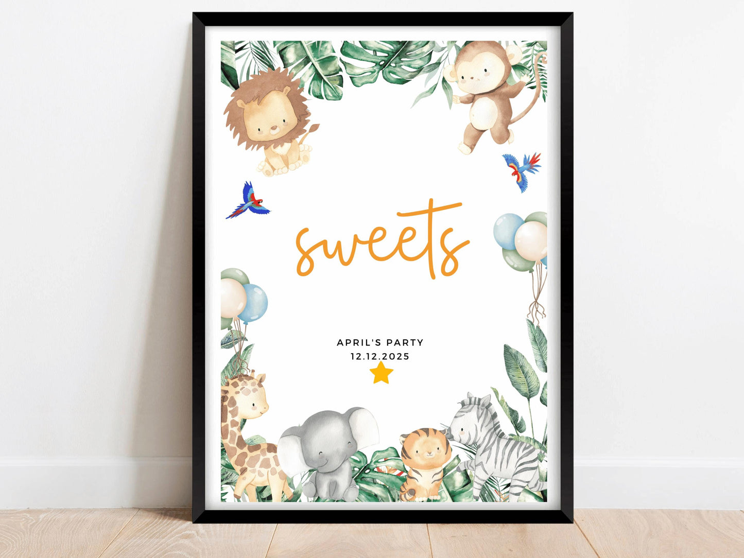 Personalised Sweets Safari Jungle Birthday Party Sign/Greenery Fun Printed Childrens Animals Happy Birthday Party Pick and Mix Sweets Poster