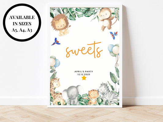 Personalised Sweets Safari Jungle Birthday Party Sign/Greenery Fun Printed Childrens Animals Happy Birthday Party Pick and Mix Sweets Poster