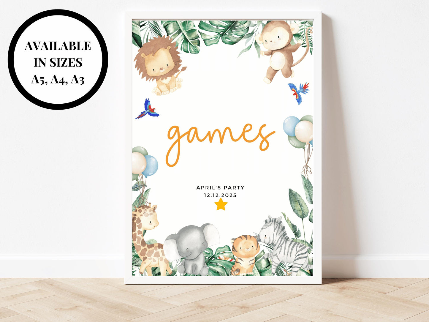 Personalised Games Safari Jungle Birthday Party Sign/ Greenery Fun Printed Childrens Games Animals Happy Birthday Party Poster