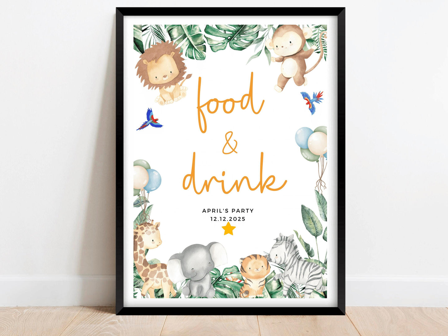 Personalised Food and Drinks Safari Jungle Birthday Party Sign/Greenery Fun Childrens Animals Happy Birthday Party Food Snacks Sweets Poster