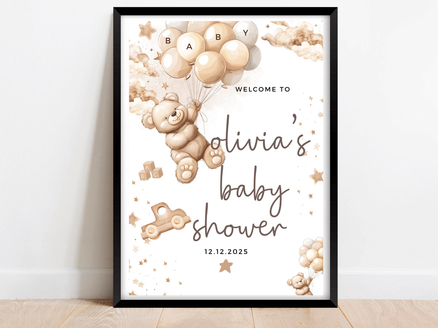 Baby Shower Welcome Sign/ Personalised Gender Reveal Neutral Bear Baby Shower Poster/ We Can Bearly Wait Mummy to Be/ Brown Bear Balloons