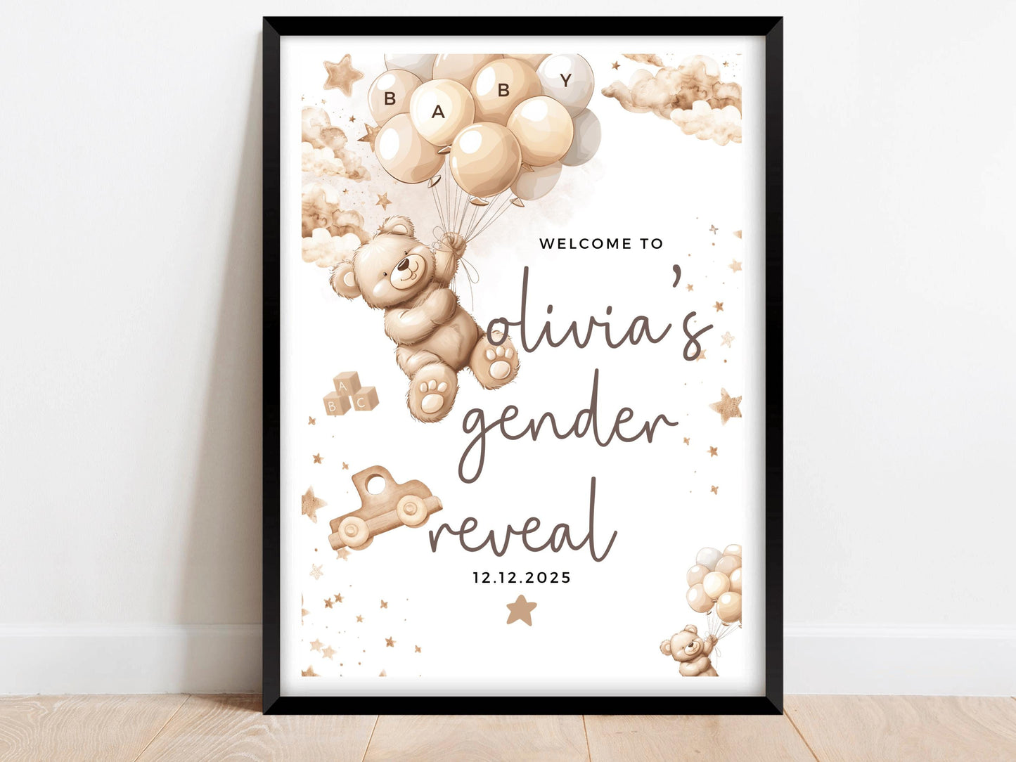 Gender Reveal Neutral Welcome Sign/ Personalised Bear Baby Shower Poster/ We Can Bearly Wait Mummy to Be/ Brown Bear Balloons Decor