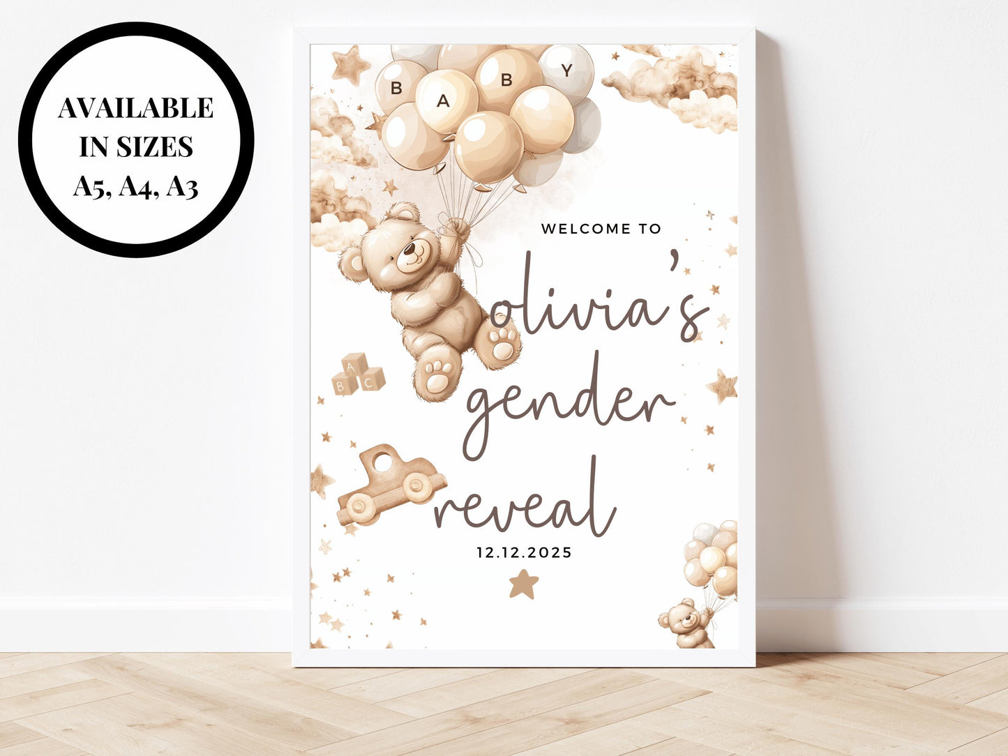 Gender Reveal Neutral Welcome Sign/ Personalised Bear Baby Shower Poster/ We Can Bearly Wait Mummy to Be/ Brown Bear Balloons Decor