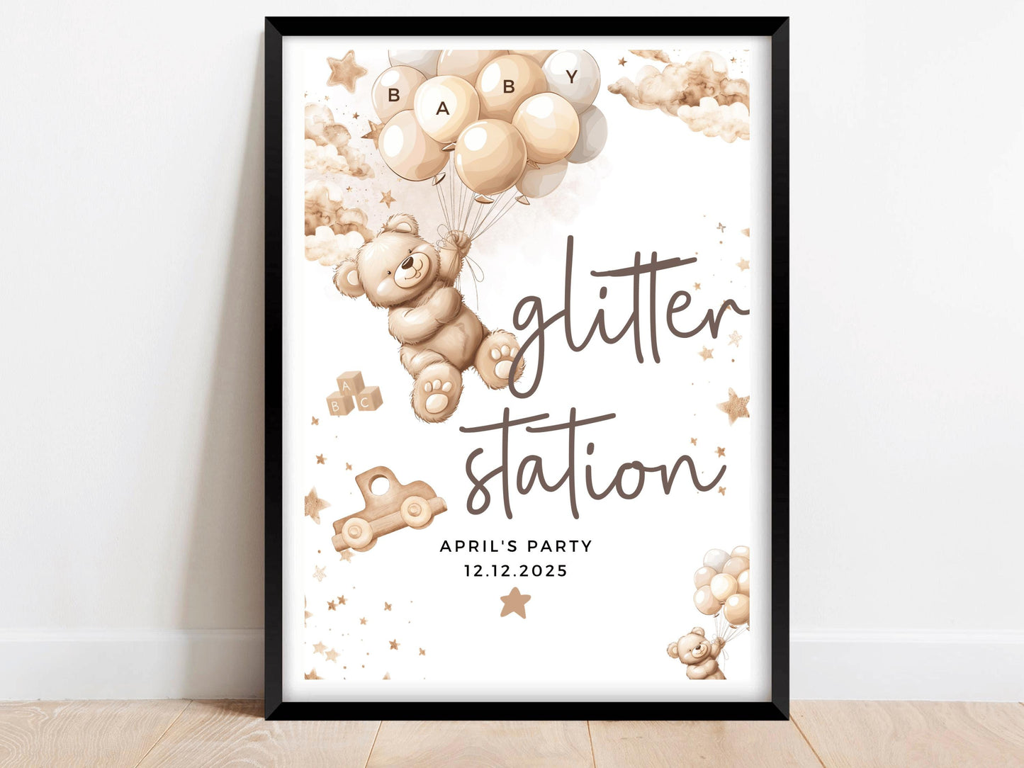 Glitter Station Baby Shower Sign/ Personalised Fun Face Painting Games Gender Reveal Neutral Bear Poster/ We Can Bearly Wait/ Brown Balloons