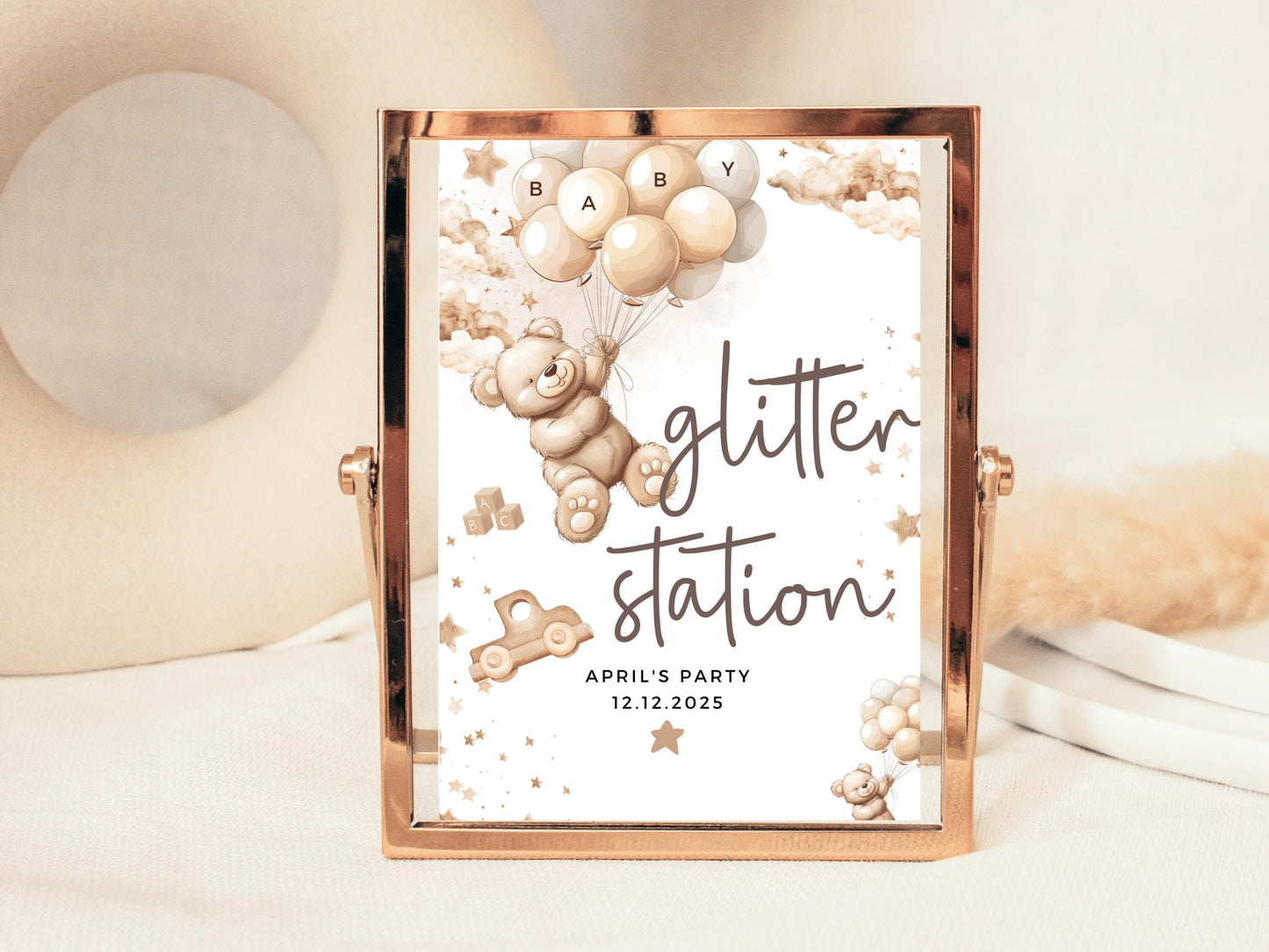 Glitter Station Baby Shower Sign/ Personalised Fun Face Painting Games Gender Reveal Neutral Bear Poster/ We Can Bearly Wait/ Brown Balloons